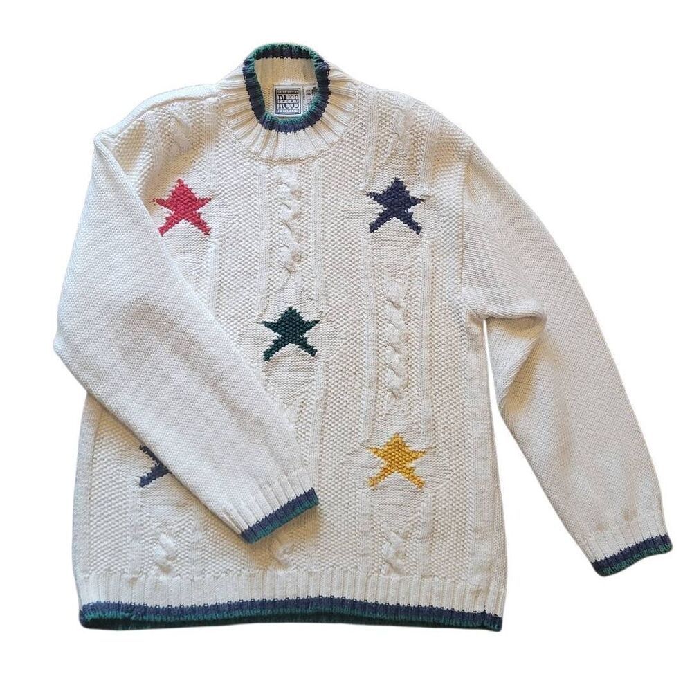 Vintage Russ Sport Sweater Women's Medium Ivory Cotton Cable Knit Star Novelty